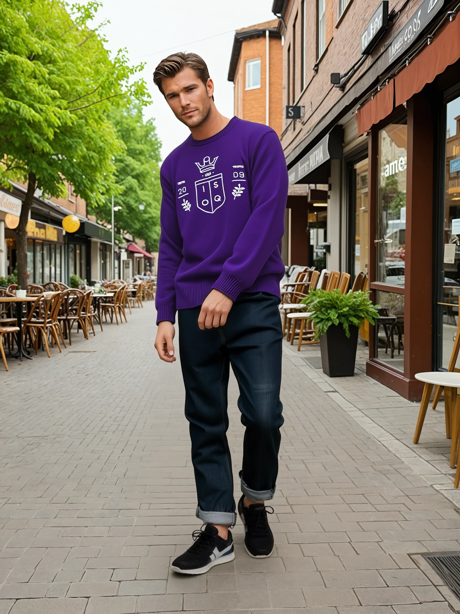 Crest sweater purple white